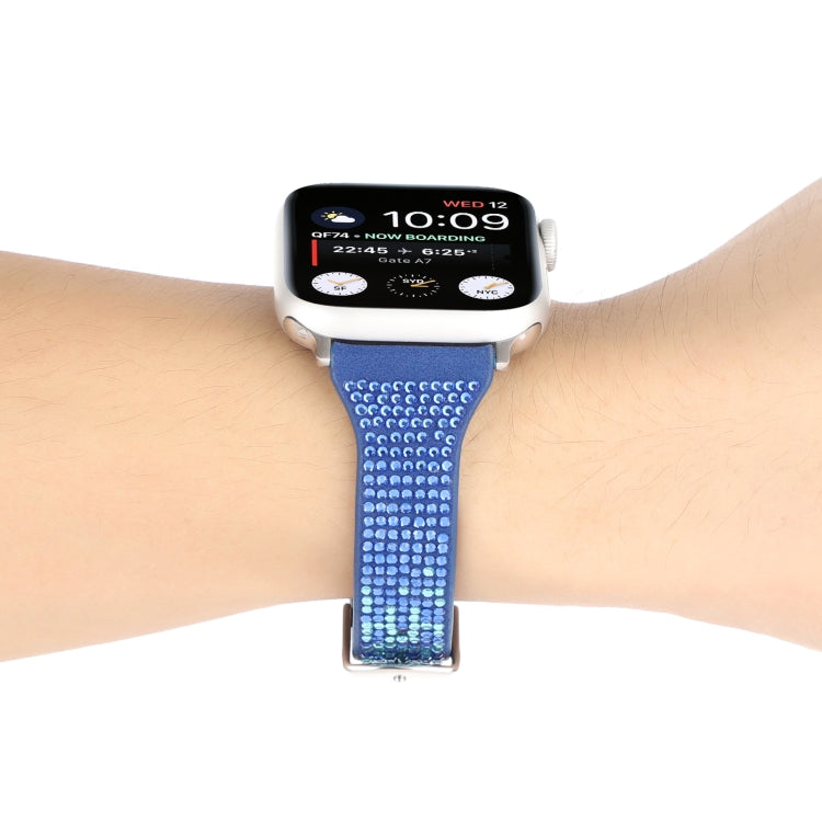 T-shaped Small Waist Flashing Diamond Genuine Leather Watch Band Watch Band For Apple Watch Series 9&8&7 41mm / SE 3&SE 2&6&SE&5&4 40mm / 3&2&1 38mm(Dark Blue) by bashfashion
