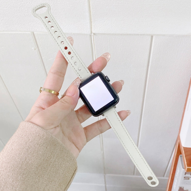 Double Studs Buckle Genuine Leather Watch Band Watch Band For Apple Watch Series 9&8&7 41mm / SE 3&SE 2&6&SE&5&4 40mm / 3&2&1 38mm(Beige) by bashfashion