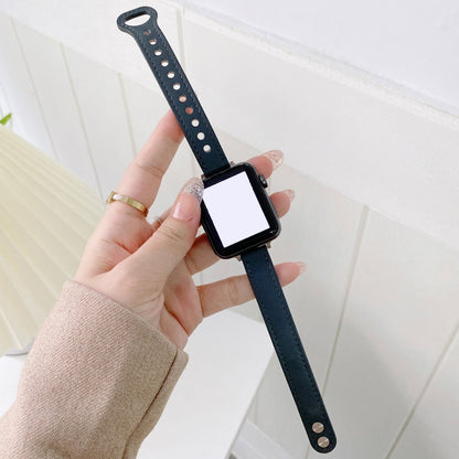 Double Studs Buckle Genuine Leather Watch Band Watch Band For Apple Watch Series 9&8&7 41mm / SE 3&SE 2&6&SE&5&4 40mm / 3&2&1 38mm(Dark Blue) by bashfashion