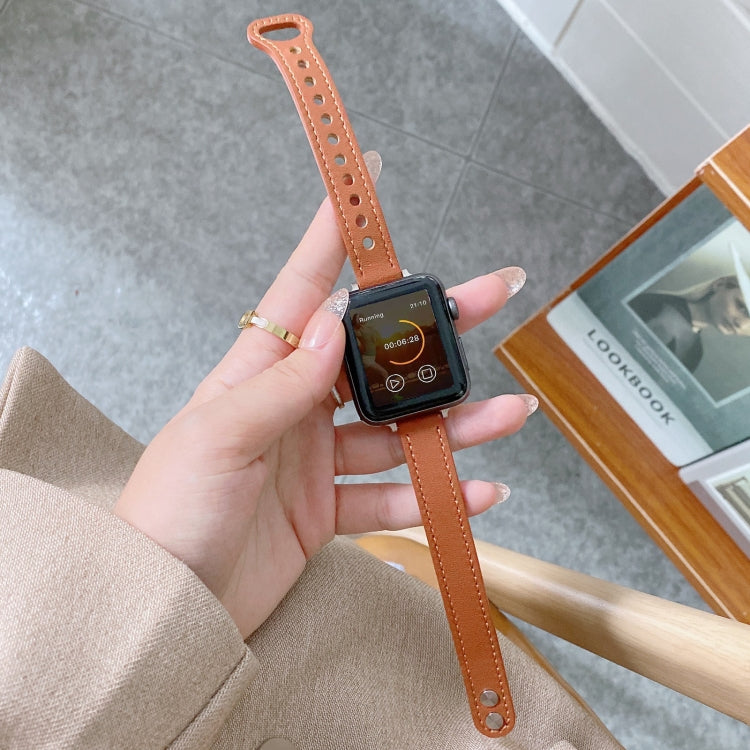 Double Studs Buckle Genuine Leather Watch Band Watch Band For Apple Watch Series 9&8&7 41mm / SE 3&SE 2&6&SE&5&4 40mm / 3&2&1 38mm(Brown) by bashfashion