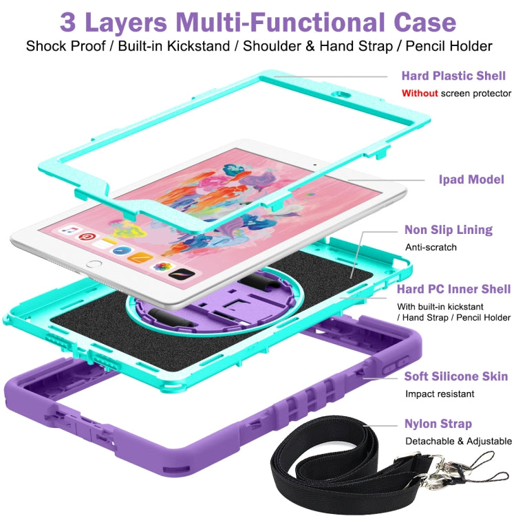 360 Degree Rotation Contrast Color Shockproof Silicone + PC Case with Holder & Hand Grip Strap & Shoulder Strap For iPad 9.7 2018 / 2017 / Air / Air 2 / Pro 9.7 (Purple + Mint Green) by bashfashion