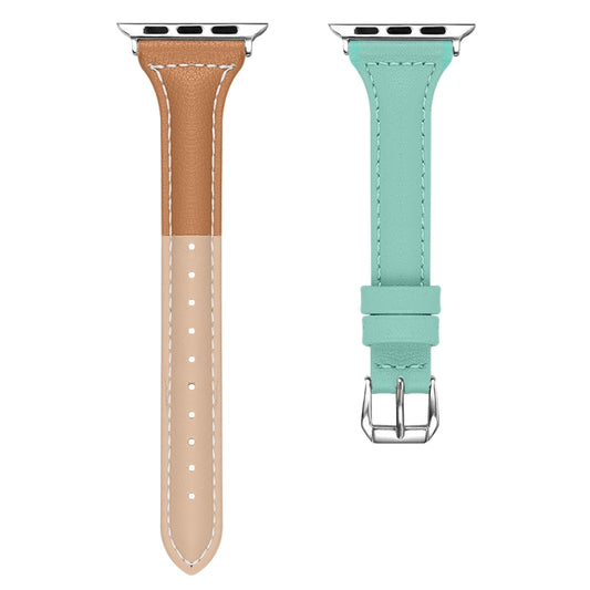 Three-color T-shape Leather Watch Band For Apple Watch Series 9&8&7 41mm / SE 3&SE 2&6&SE&5&4 40mm / 3&2&1 38mm (Apricot Brown + Mint Green) by bashfashion