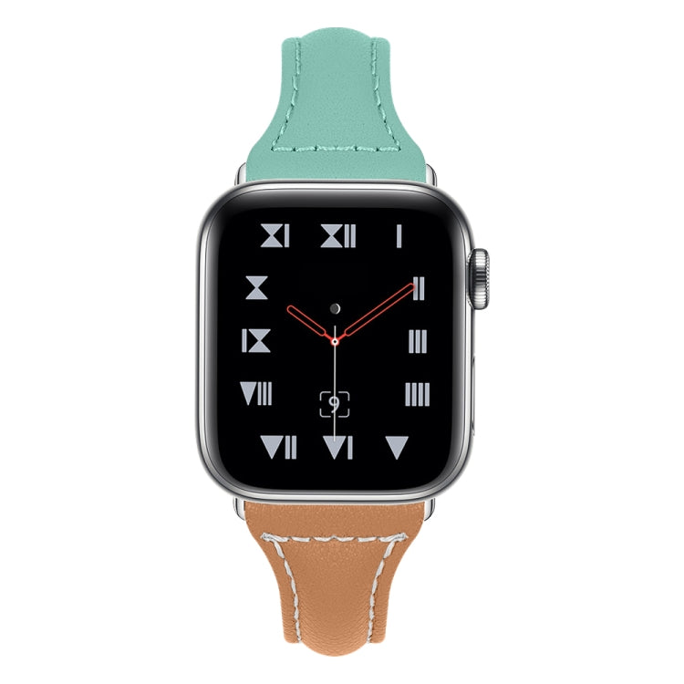 Three-color T-shape Leather Watch Band For Apple Watch Series 9&8&7 41mm / SE 3&SE 2&6&SE&5&4 40mm / 3&2&1 38mm (Apricot Brown + Mint Green) by bashfashion