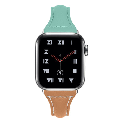 Three-color T-shape Leather Watch Band For Apple Watch Series 9&8&7 41mm / SE 3&SE 2&6&SE&5&4 40mm / 3&2&1 38mm (Apricot Brown + Mint Green) by bashfashion