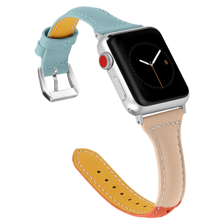 Three-color T-shape Leather Watch Band For Apple Watch Series 9&8&7 41mm / SE 3&SE 2&6&SE&5&4 40mm / 3&2&1 38mm (Orange Apricot + Blue) by bashfashion