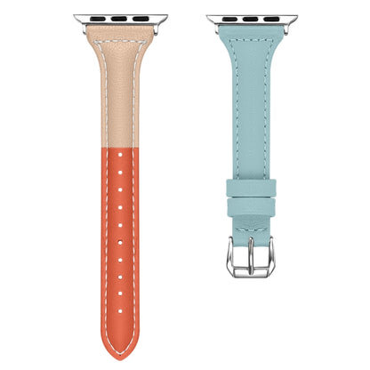 Three-color T-shape Leather Watch Band For Apple Watch Series 9&8&7 41mm / SE 3&SE 2&6&SE&5&4 40mm / 3&2&1 38mm (Orange Apricot + Blue) by bashfashion