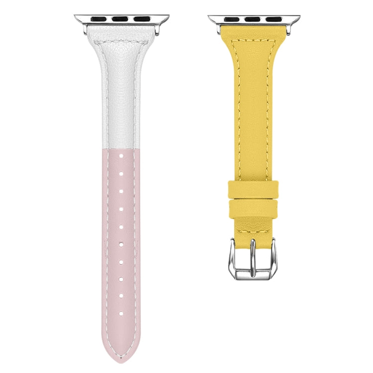 Three-color T-shape Leather Watch Band For Apple Watch Series 9&8&7 41mm / SE 3&SE 2&6&SE&5&4 40mm / 3&2&1 38mm (White Pink+Yellow) by bashfashion