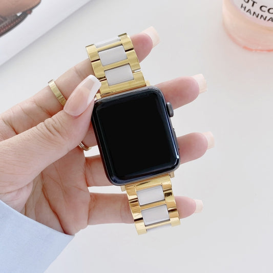 22mm Width Three Beads Ceramics Steel Watch Band For Apple Watch Series 9&8&7 41mm / SE 3&SE 2&6&SE&5&4 40mm / 3&2&1 38mm(Gold+White) by bashfashion