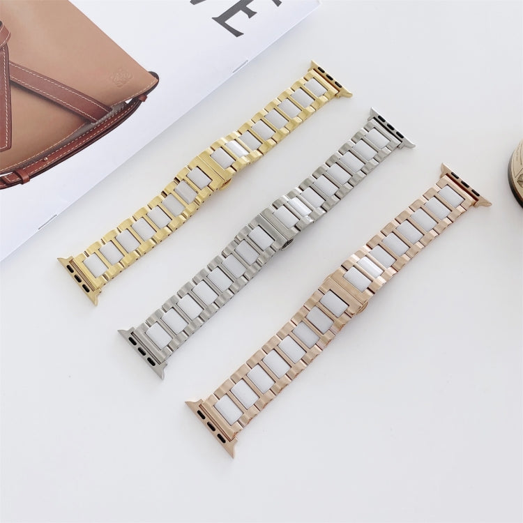 22mm Width Three Beads Ceramics Steel Watch Band For Apple Watch Ultra 49mm&Watch Ultra 2 49mm / Series 9&8&7 45mm / SE 3&SE 2&6&SE&5&4 44mm / 3&2&1 42mm(Rose Gold+White) by bashfashion