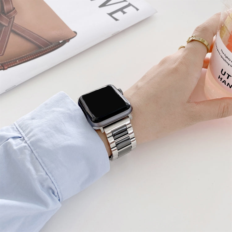 22mm Width Three Beads Ceramics Steel Watch Band For Apple Watch Ultra 49mm&Watch Ultra 2 49mm / Series 9&8&7 45mm / SE 3&SE 2&6&SE&5&4 44mm / 3&2&1 42mm(Rose Gold+White) by bashfashion