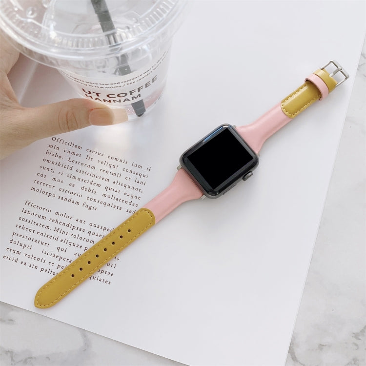 Small Waist Color Matching Leather Watch Band For Apple Watch Series 9&8&7 41mm / SE 3&SE 2&6&SE&5&4 40mm / 3&2&1 38mm(Yellow+Pink) by bashfashion
