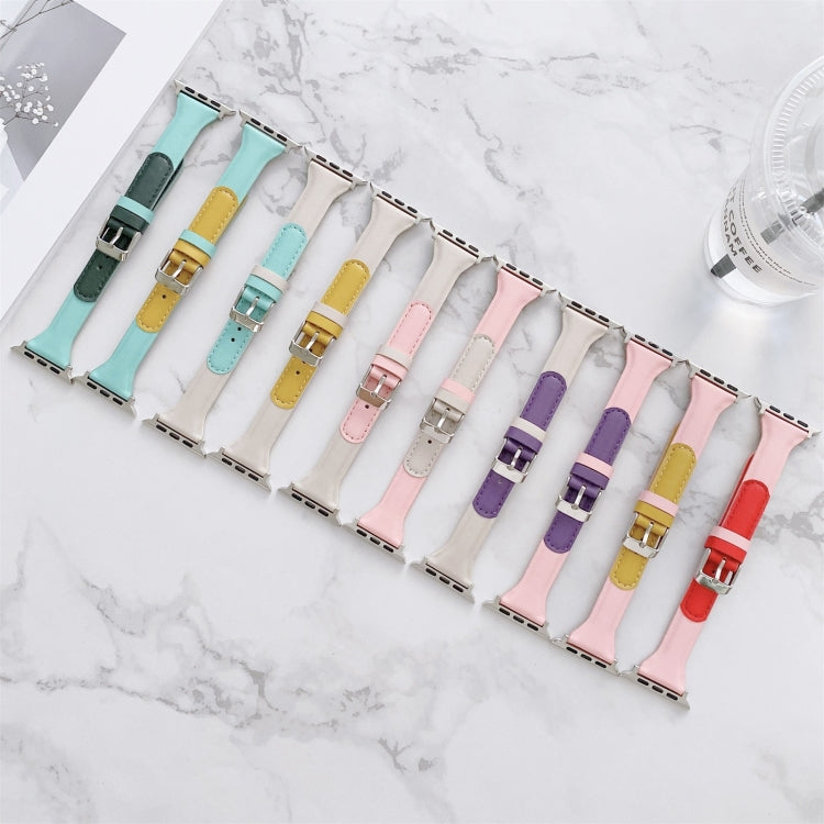 Small Waist Color Matching Leather Watch Band For Apple Watch Series 9&8&7 41mm / SE 3&SE 2&6&SE&5&4 40mm / 3&2&1 38mm(Mint Green+White) by bashfashion