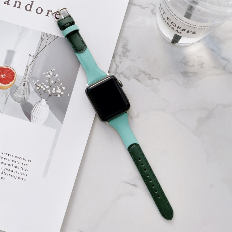 Small Waist Color Matching Leather Watch Band For Apple Watch Ultra 49mm&Watch Ultra 2 49mm / Series 9&8&7 45mm / SE 3&SE 2&6&SE&5&4 44mm / 3&2&1 42mm(Dark Green+Mint Green) by bashfashion