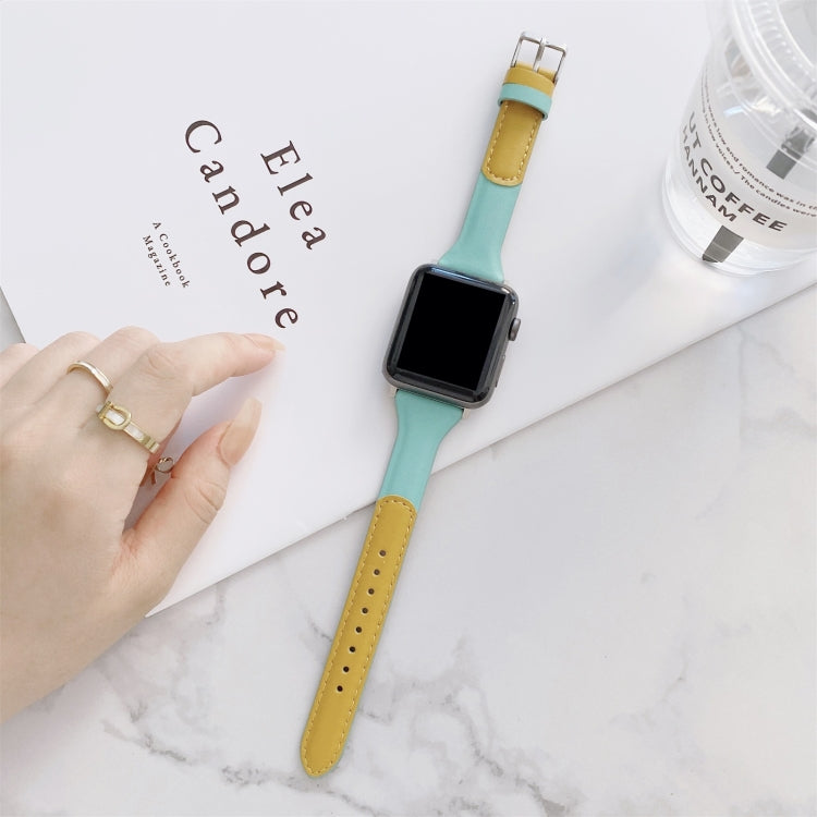 Small Waist Color Matching Leather Watch Band For Apple Watch Ultra 49mm&Watch Ultra 2 49mm / Series 9&8&7 45mm / SE 3&SE 2&6&SE&5&4 44mm / 3&2&1 42mm(Yellow+Mint Green) by bashfashion