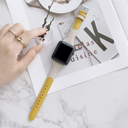 Small Waist Color Matching Leather Watch Band For Apple Watch Ultra 49mm&Watch Ultra 2 49mm / Series 9&8&7 45mm / SE 3&SE 2&6&SE&5&4 44mm / 3&2&1 42mm(Yellow+White) by bashfashion