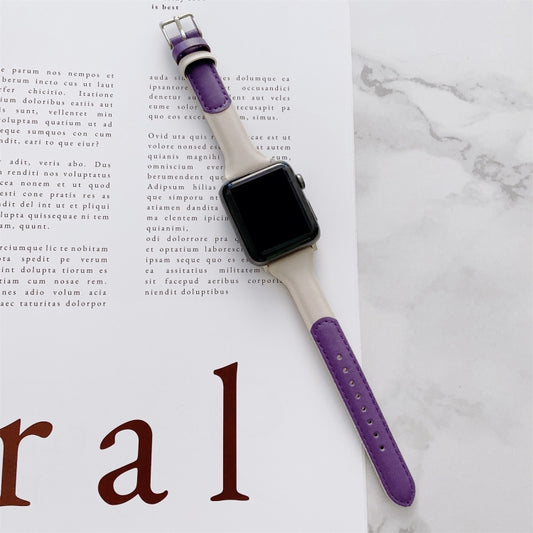 Small Waist Color Matching Leather Watch Band For Apple Watch Ultra 49mm&Watch Ultra 2 49mm / Series 9&8&7 45mm / SE 3&SE 2&6&SE&5&4 44mm / 3&2&1 42mm(Purple+White) by bashfashion