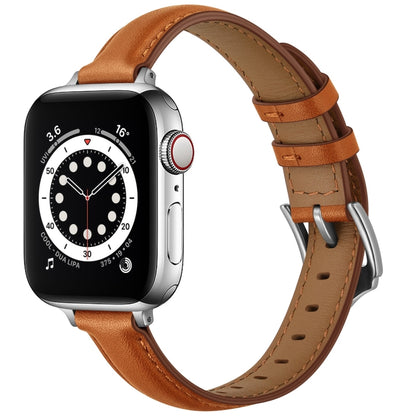 Business Style Leather Watch Band For Apple Watch Series 9&8&7 41mm / SE 3&SE 2&6&SE&5&4 40mm / 3&2&1 38mm(Brown Silver Buckle) by bashfashion