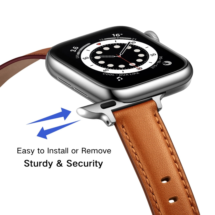 Business Style Leather Watch Band For Apple Watch Series 9&8&7 41mm / SE 3&SE 2&6&SE&5&4 40mm / 3&2&1 38mm(Brown Silver Buckle) by bashfashion