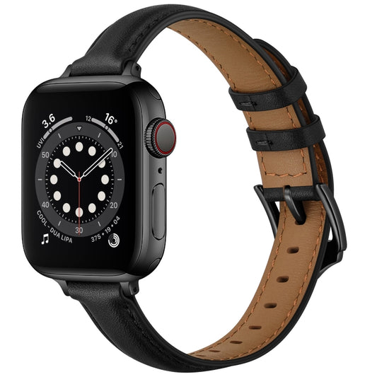 Business Style Leather Watch Band For Apple Watch Series 9&8&7 41mm / SE 3&SE 2&6&SE&5&4 40mm / 3&2&1 38mm(Black Black Buckle) by bashfashion