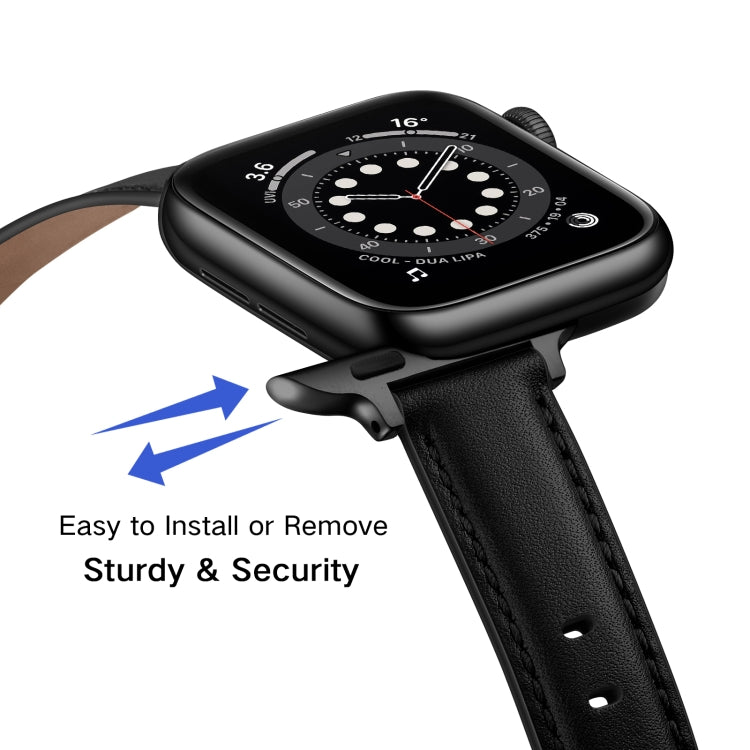 Business Style Leather Watch Band For Apple Watch Series 9&8&7 41mm / SE 3&SE 2&6&SE&5&4 40mm / 3&2&1 38mm(Black Black Buckle) by bashfashion
