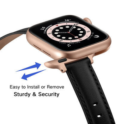 Business Style Leather Watch Band For Apple Watch Series 9&8&7 41mm / SE 3&SE 2&6&SE&5&4 40mm / 3&2&1 38mm(Black Rose Gold Buckle) by bashfashion