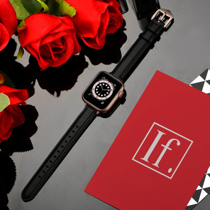 Business Style Leather Watch Band For Apple Watch Series 9&8&7 41mm / SE 3&SE 2&6&SE&5&4 40mm / 3&2&1 38mm(Black Rose Gold Buckle) by bashfashion