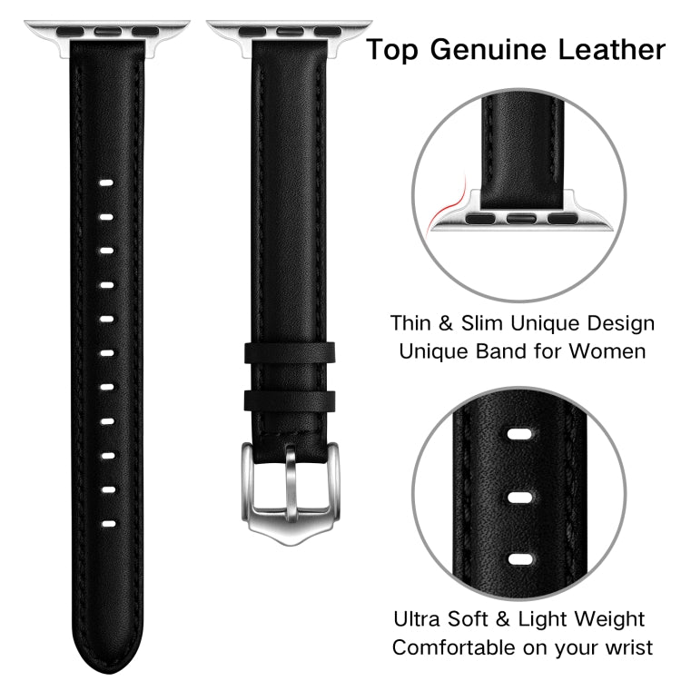Business Style Leather Watch Band For Apple Watch Series 9&8&7 41mm / SE 3&SE 2&6&SE&5&4 40mm / 3&2&1 38mm(Black Silver Buckle) by bashfashion