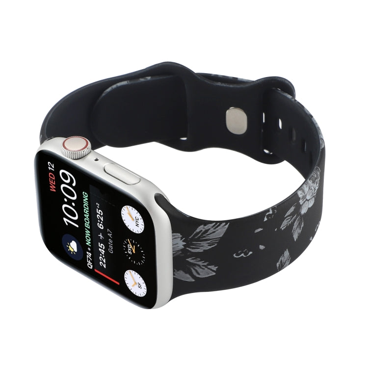8-buckle Printed Strap Watch Band For Apple Watch Ultra 49mm&Watch Ultra 2 49mm / Series 9&8&7 45mm / SE 3&SE 2&6&SE&5&4 44mm / 3&2&1 42mm(Black Background White Flower) by bashfashion