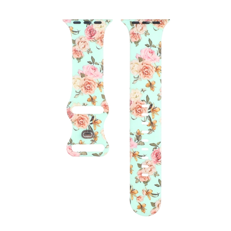 8-buckle Printed Strap Watch Band For Apple Watch Ultra 49mm&Watch Ultra 2 49mm / Series 9&8&7 45mm / SE 3&SE 2&6&SE&5&4 44mm / 3&2&1 42mm(Green Background Rose) by bashfashion