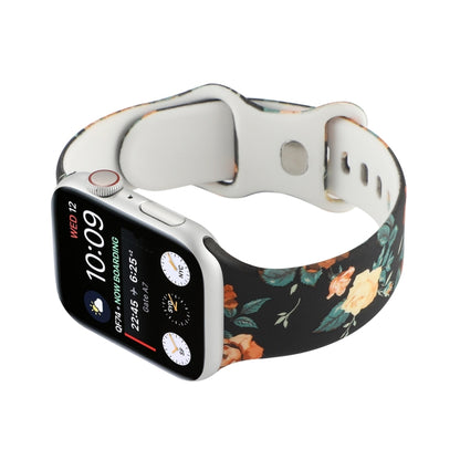 8-buckle Printed Strap Watch Band For Apple Watch Series 9&8&7 41mm / SE 3&SE 2&6&SE&5&4 40mm / 3&2&1 38mm(Black Background Rose) by bashfashion