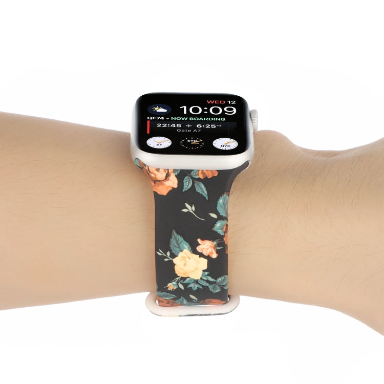 8-buckle Printed Strap Watch Band For Apple Watch Series 9&8&7 41mm / SE 3&SE 2&6&SE&5&4 40mm / 3&2&1 38mm(Black Background Rose) by bashfashion