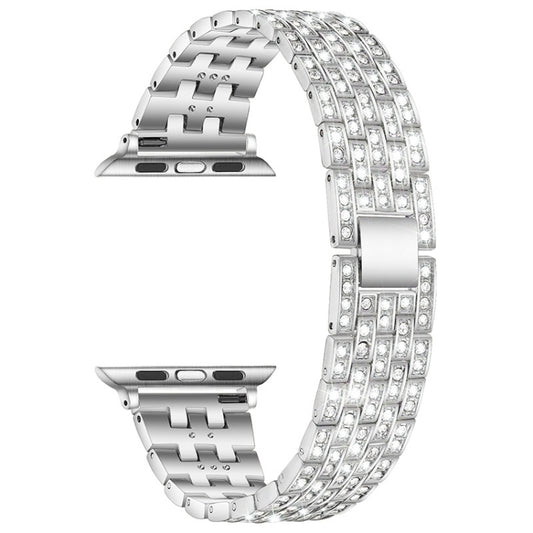 Five-beads Diamond Steel Watch Band For Apple Watch Series 9&8&7 41mm / SE 3&SE 2&6&SE&5&4 40mm / 3&2&1 38mm(Silver) by bashfashion