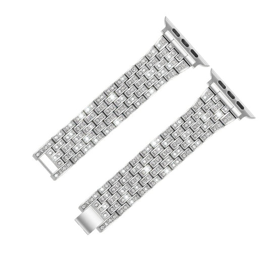 Five-beads Diamond Steel Watch Band For Apple Watch Series 9&8&7 41mm / SE 3&SE 2&6&SE&5&4 40mm / 3&2&1 38mm(Silver) by bashfashion
