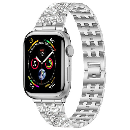 Five-beads Diamond Steel Watch Band For Apple Watch Series 9&8&7 41mm / SE 3&SE 2&6&SE&5&4 40mm / 3&2&1 38mm(Silver) by bashfashion