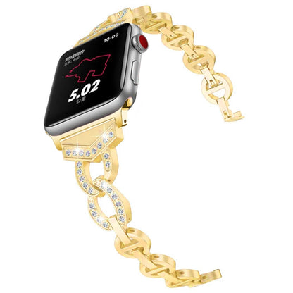 Diamond Stainless Steel Watch Band For Apple Watch Series 9&8&7 41mm / SE 3&SE 2&6&SE&5&4 40mm / 3&2&1 38mm(Gold) by bashfashion