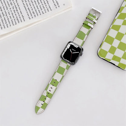 Checkerboard Leather Watch Band For Apple Watch Series 7 & 6 & SE & 5 & 4 40mm/3 & 2 & 1 38mm(Green) by bashfashion