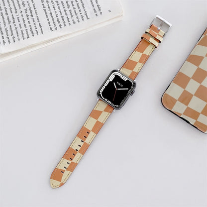 Checkerboard Leather Watch Band For Apple Watch Series 7 & 6 & SE & 5 & 4 44mm/3 & 2 & 1 42mm(Orange) by bashfashion