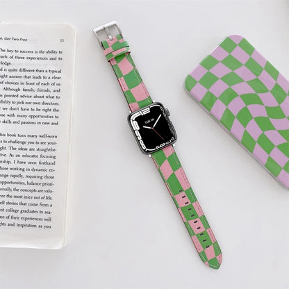 Checkerboard Leather Watch Band For Apple Watch Series 7 & 6 & SE & 5 & 4 44mm/3 & 2 & 1 42mm(Green Pink) by bashfashion