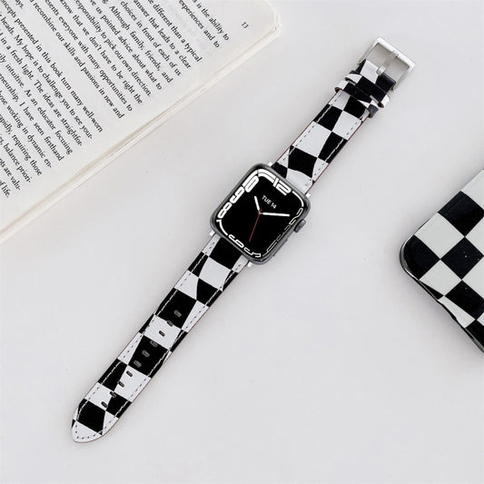 Checkerboard Leather Watch Band For Apple Watch Series 7 & 6 & SE & 5 & 4 44mm/3 & 2 & 1 42mm(Black) by bashfashion