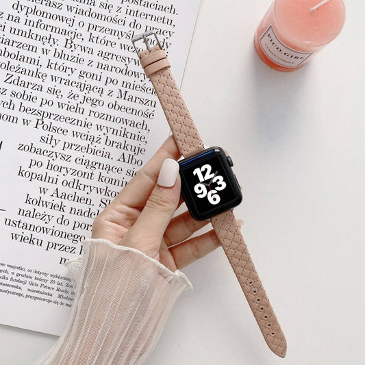 Checkered Leather Watch Band Watch Band For Apple Watch Series 7 45mm/6&SE&5&4 44mm/3&2&1 42mm(Pink) by bashfashion