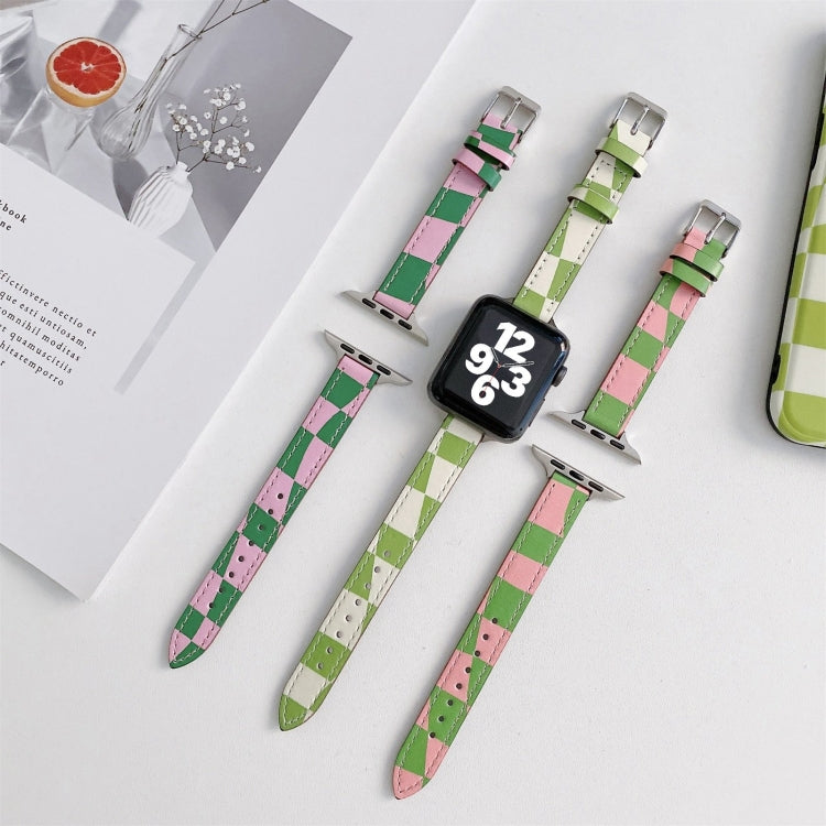Slimming Checkerboard Leather Watch Band For Apple Watch Series 7 41mm/6&SE&5&4 40mm/3&2&1 38mm(Green) by bashfashion