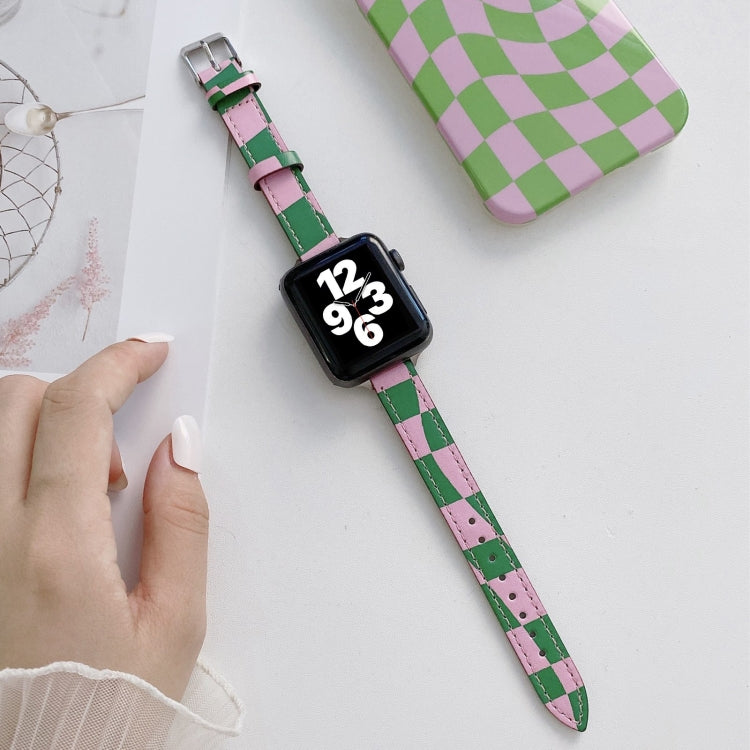 Slimming Checkerboard Leather Watch Band For Apple Watch Series 7 41mm/6&SE&5&4 40mm/3&2&1 38mm(Green Purple) by bashfashion