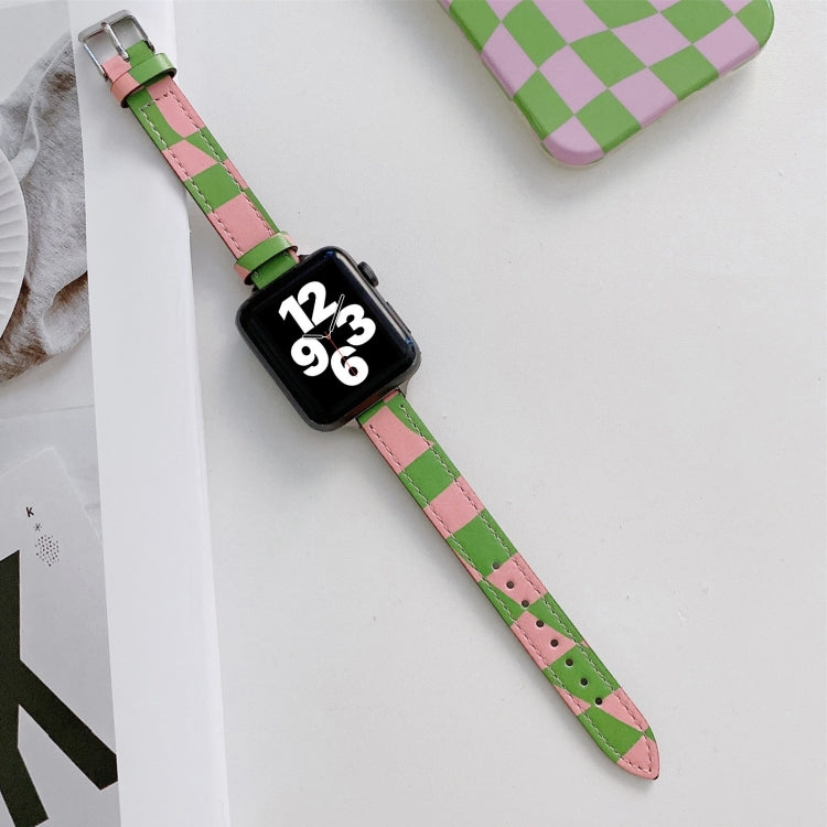 Slimming Checkerboard Leather Watch Band For Apple Watch Series 7 41mm/6&SE&5&4 40mm/3&2&1 38mm(Green Pink) by bashfashion