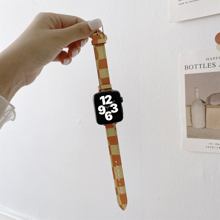Slimming Checkerboard Leather Watch Band For Apple Watch Series 7 41mm/6&SE&5&4 40mm/3&2&1 38mm(Orange) by bashfashion