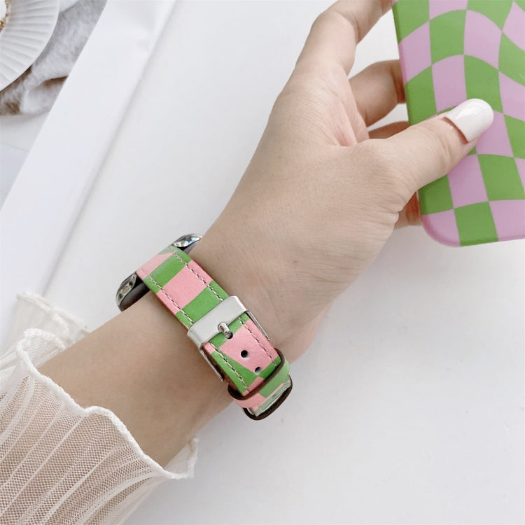Slimming Checkerboard Leather Watch Band For Apple Watch Series 7 41mm/6&SE&5&4 40mm/3&2&1 38mm(Green) by bashfashion
