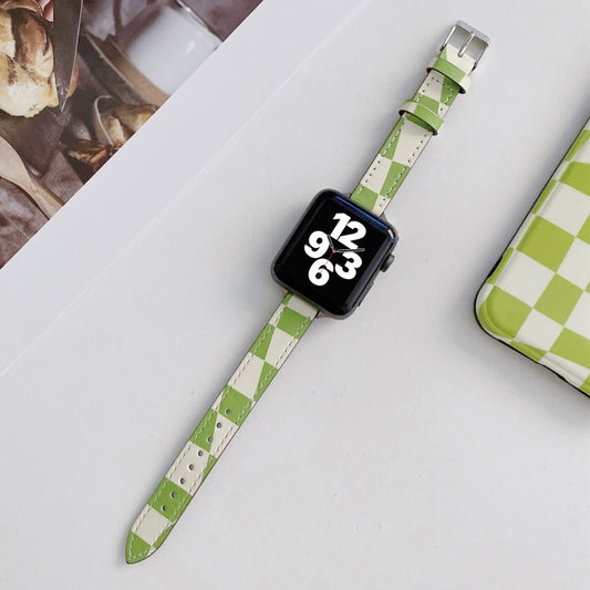 Slimming Checkerboard Leather Watch Band For Apple Watch Series 7 45mm/6&SE&5&4 44mm/3&2&1 42mm(Green) by bashfashion