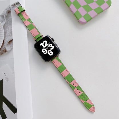 Slimming Checkerboard Leather Watch Band For Apple Watch Series 7 45mm/6&SE&5&4 44mm/3&2&1 42mm(Green Pink) by bashfashion