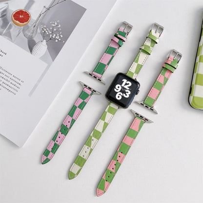 Slimming Checkerboard Leather Watch Band For Apple Watch Series 7 45mm/6&SE&5&4 44mm/3&2&1 42mm(Green Pink) by bashfashion