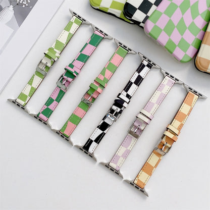 Slimming Checkerboard Leather Watch Band For Apple Watch Series 7 45mm/6&SE&5&4 44mm/3&2&1 42mm(Green Purple) by bashfashion