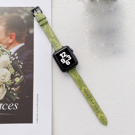 Small Slim Ethnic Leather Wrist Strap Watch Band For Apple Watch Ultra 49mm&Watch Ultra 2 49mm / Series 9&8&7 45mm / SE 3&SE 2&6&SE&5&4 44mm / 3&2&1 42mm(Dark Green) by bashfashion